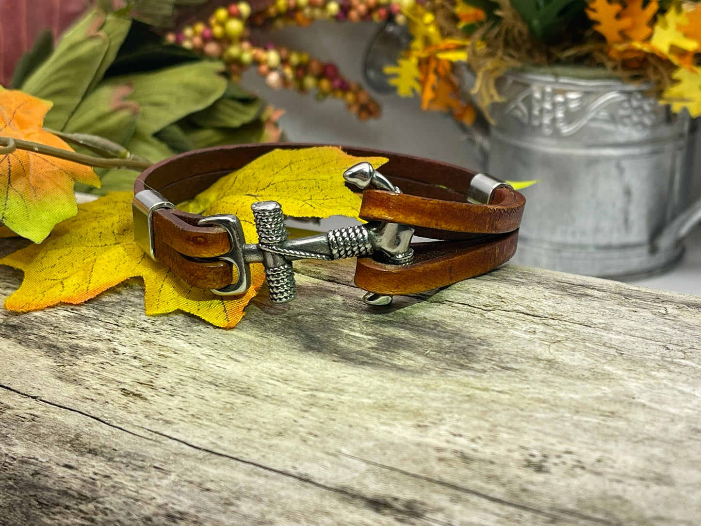Flat Leather Bracelet with Stainless Steel Anchor Clasp